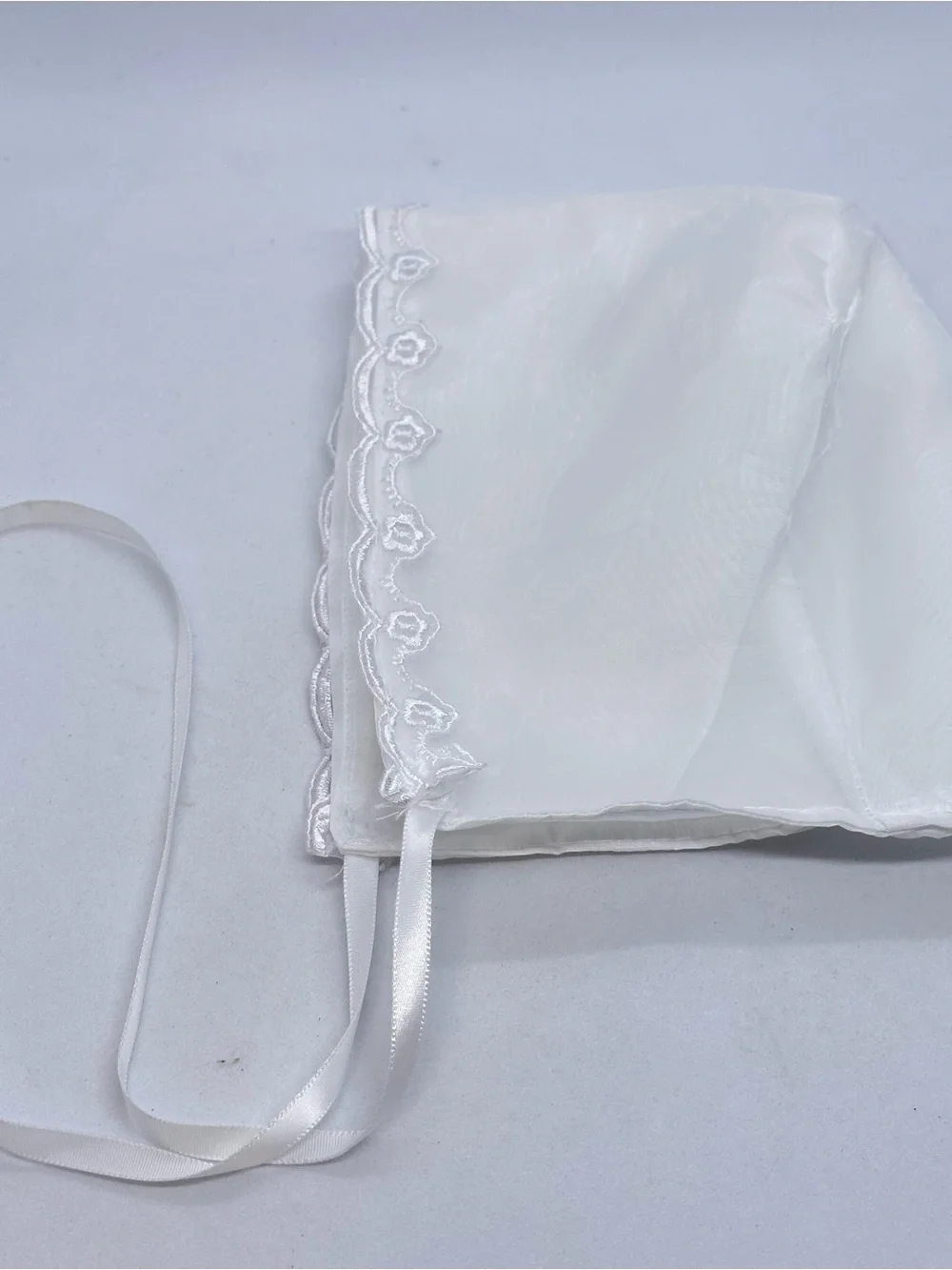 White Baby Christening Baptimal Dedication Bonnet with Lace Trim Infant 6M Doll